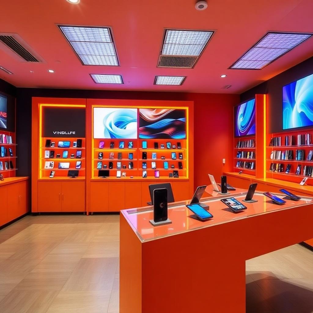 Interior de uma loja de celulares com aparelhos em exposição
